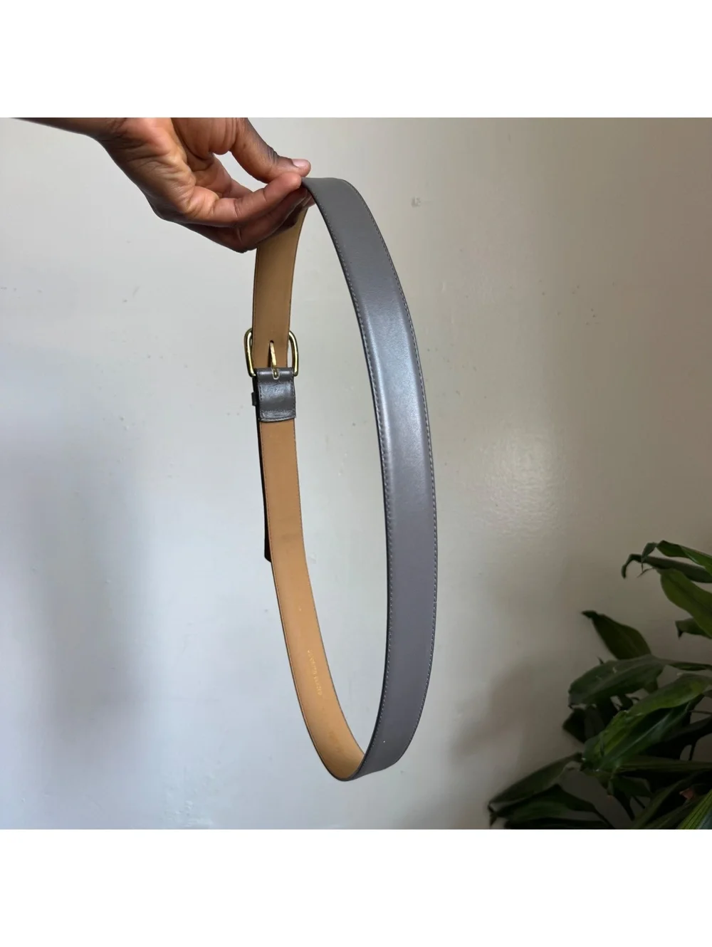 Vintage Gray Leather Belt Gold Brass Buckle Minimalist Classic size 40